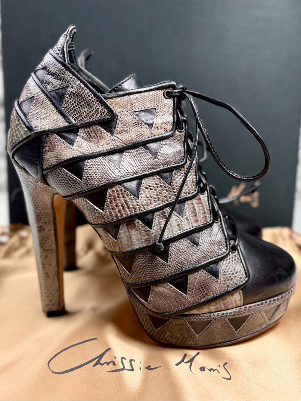 Chrissie Morris “Rosanna” Black/Brown Snakeskin Print 120mm Lace Up Bootie, Sz 6